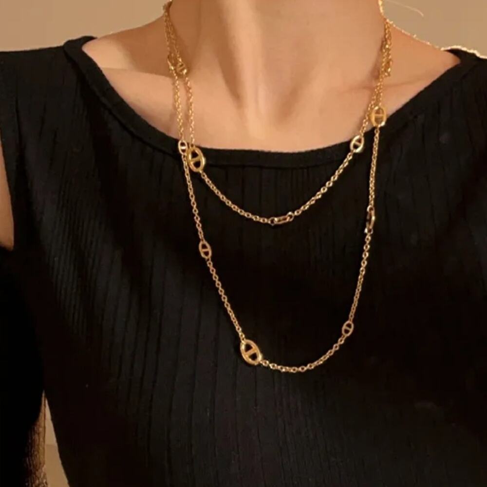 Gold Pig Nose Multilayer Necklace Bracelet Set Stainless Steel Gold Plated - Picture 8 of 12